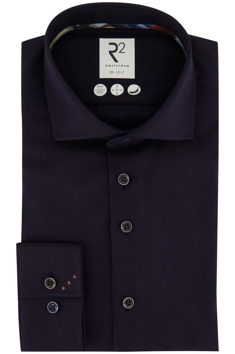 business overhemd R2 donkerblauw effen katoen slim fit