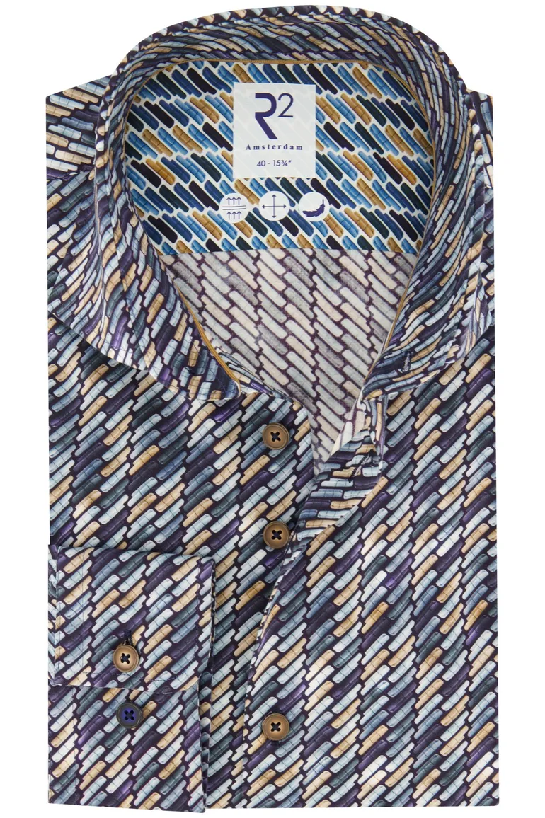 business overhemd R2 donkerblauw geprint katoen slim fit