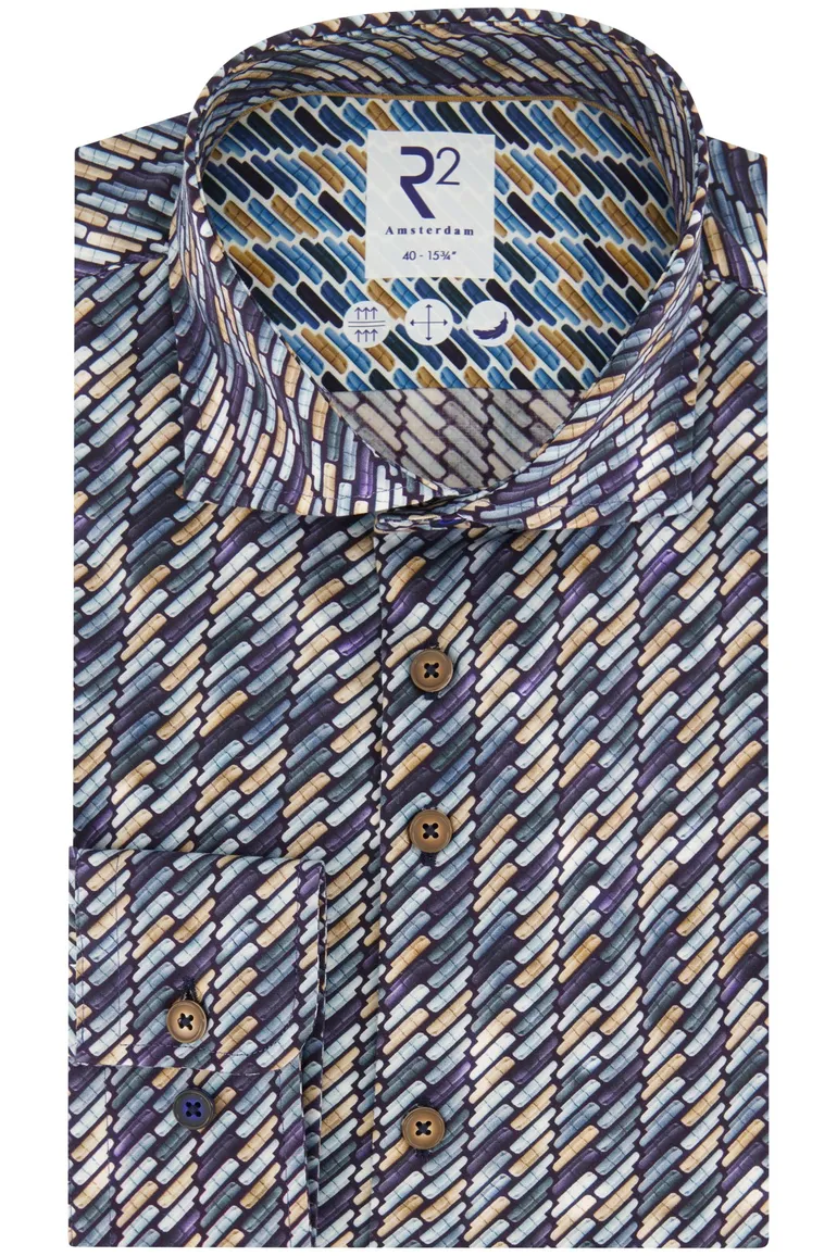 business overhemd R2 donkerblauw geprint katoen slim fit