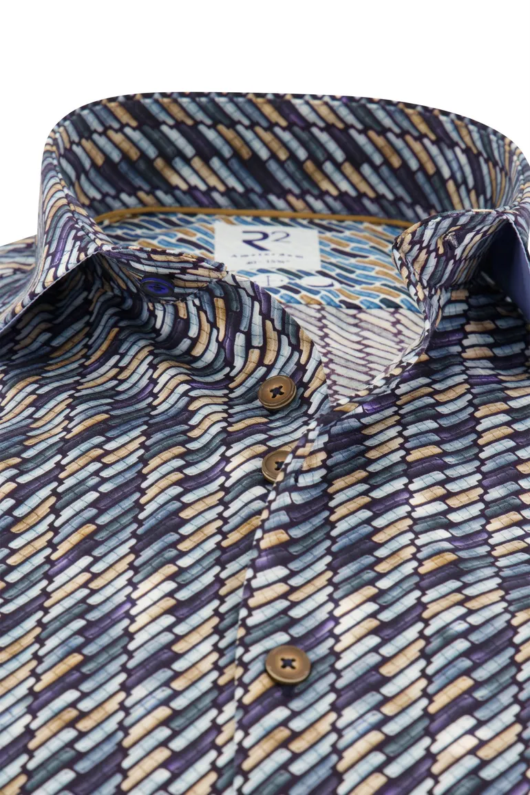 business overhemd R2 donkerblauw geprint katoen slim fit