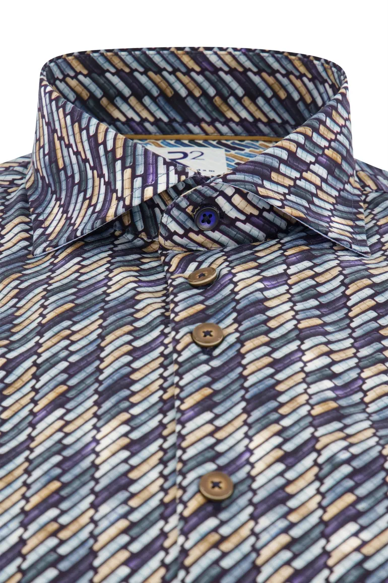 business overhemd R2 donkerblauw geprint katoen slim fit