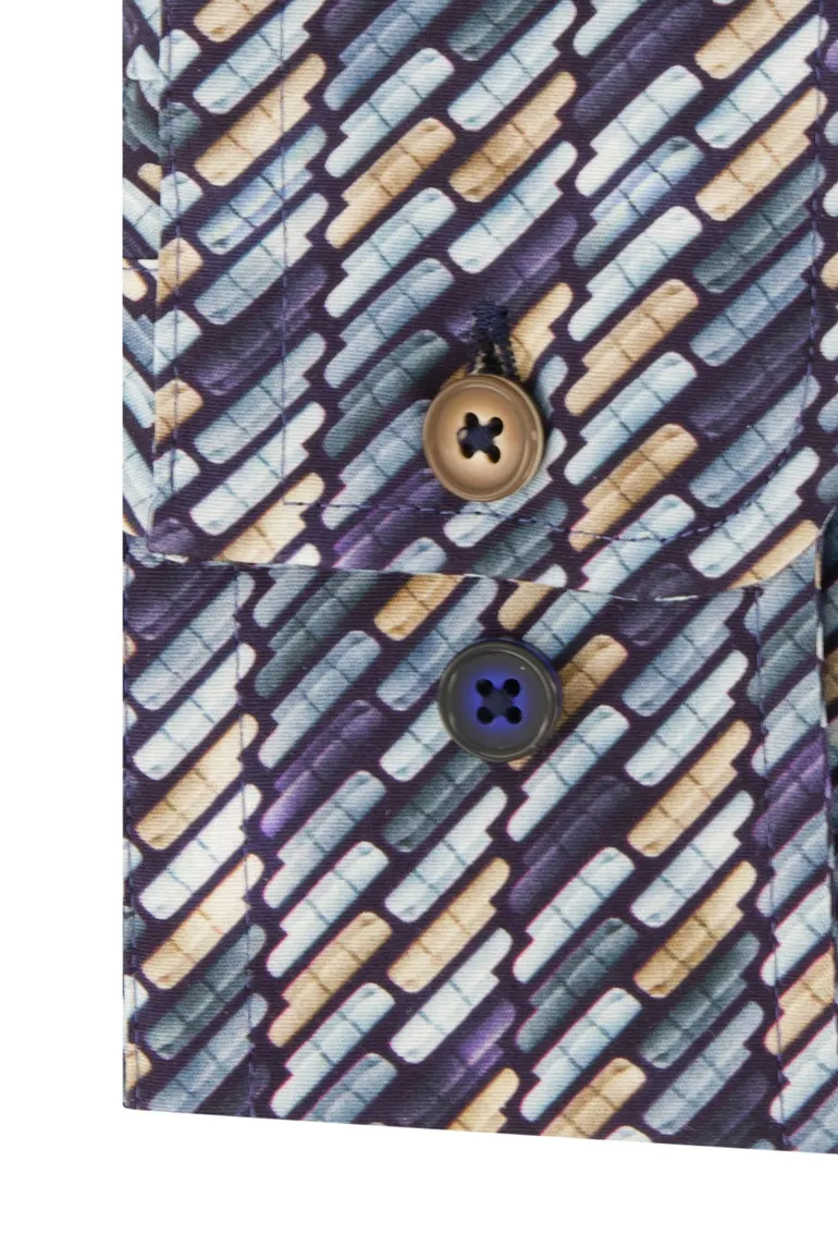 business overhemd R2 donkerblauw geprint katoen slim fit