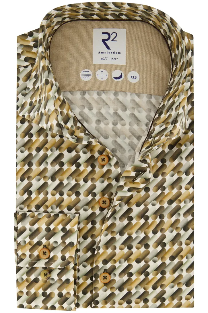 katoenen overhemd mouwlengte 7 R2 bruin geprint slim fit