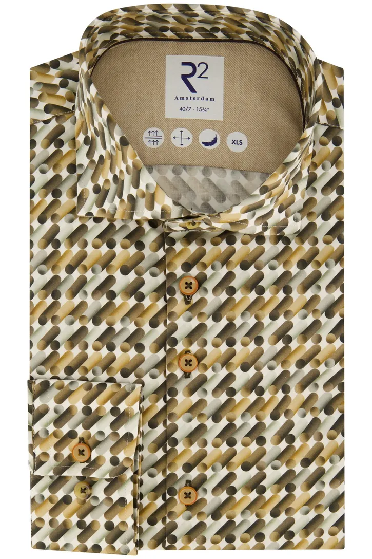 katoenen overhemd mouwlengte 7 R2 bruin geprint slim fit