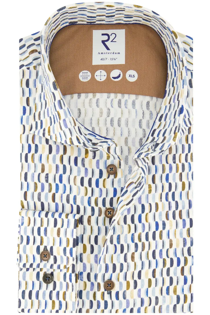 R2 casual overhemd mouwlengte 7 blauw geprint katoen slim fit