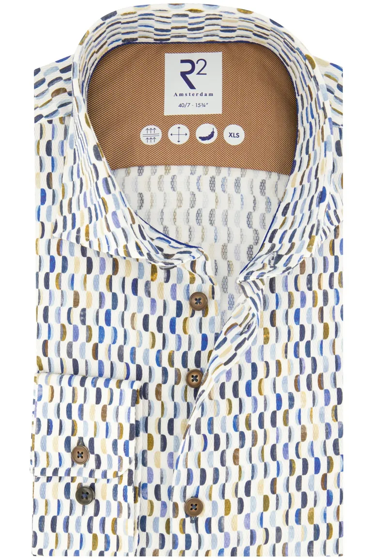 R2 overhemd mouwlengte 7 slim fit blauw geprint 100% katoen