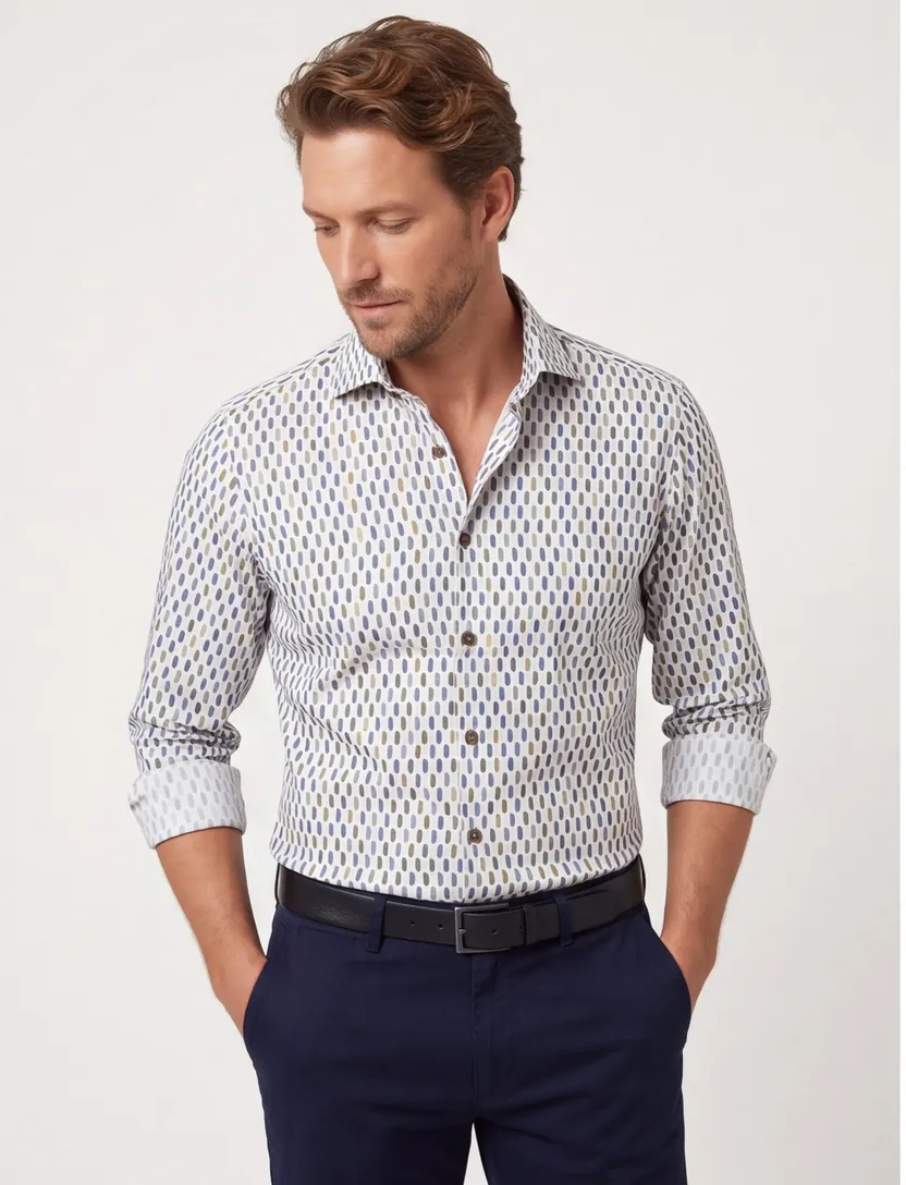 R2 casual overhemd mouwlengte 7 blauw geprint katoen slim fit