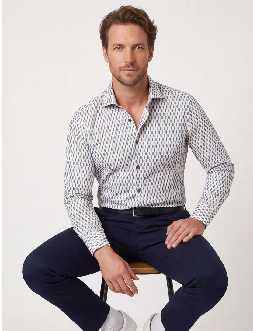 R2 casual overhemd mouwlengte 7 blauw geprint katoen slim fit