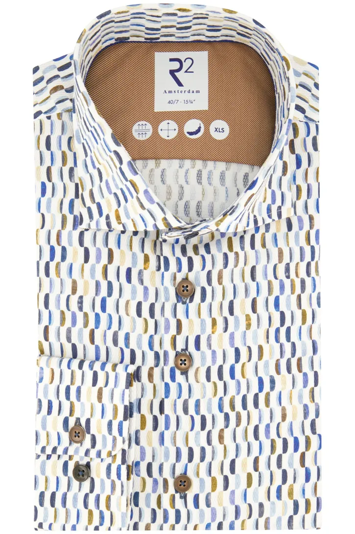 R2 casual overhemd mouwlengte 7 blauw geprint katoen slim fit