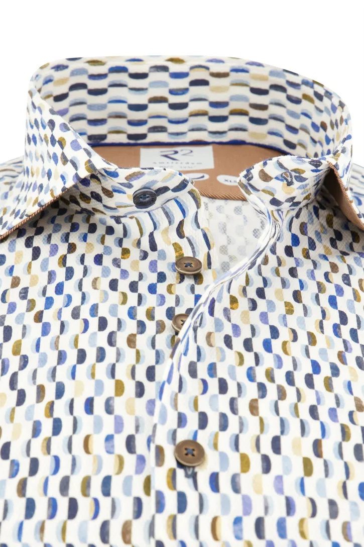 R2 casual overhemd mouwlengte 7 blauw geprint katoen slim fit