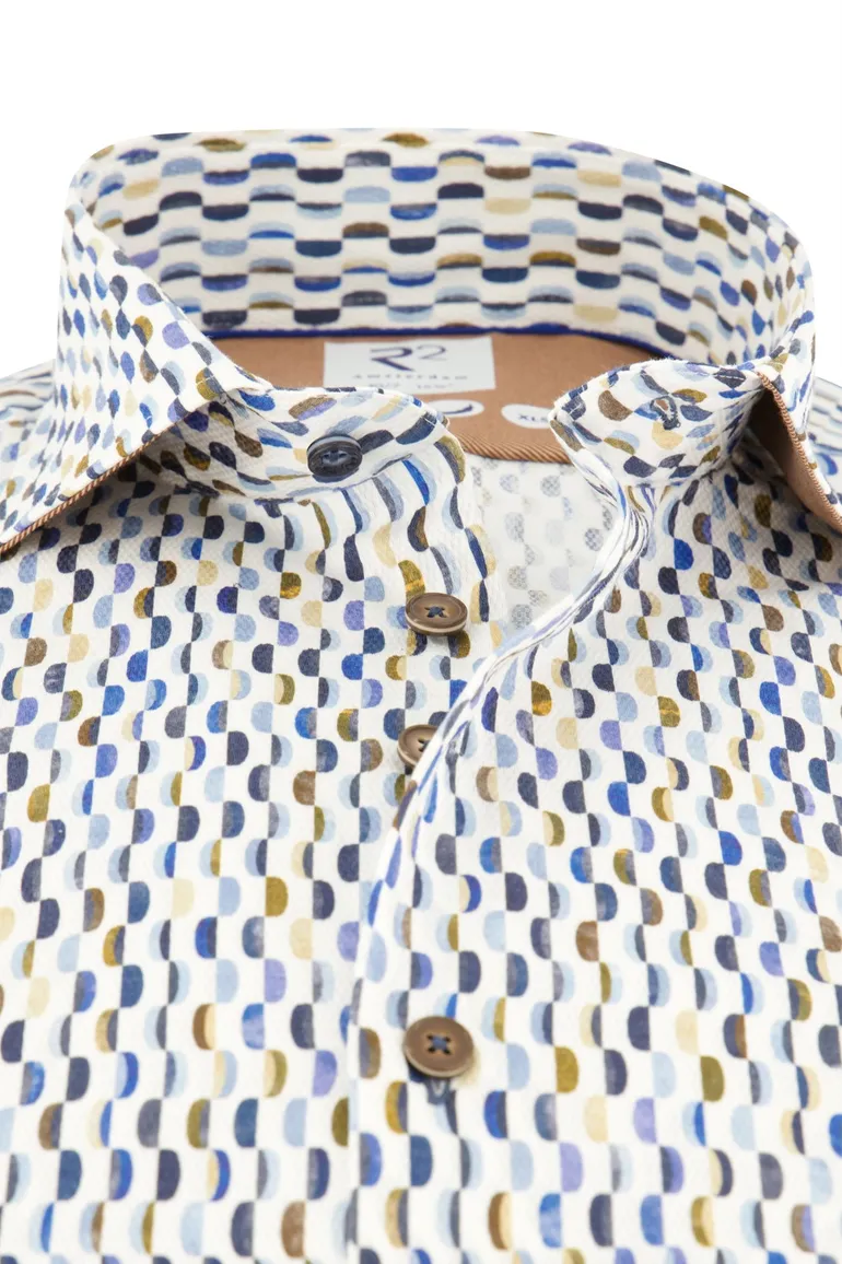 R2 overhemd mouwlengte 7 slim fit blauw geprint 100% katoen