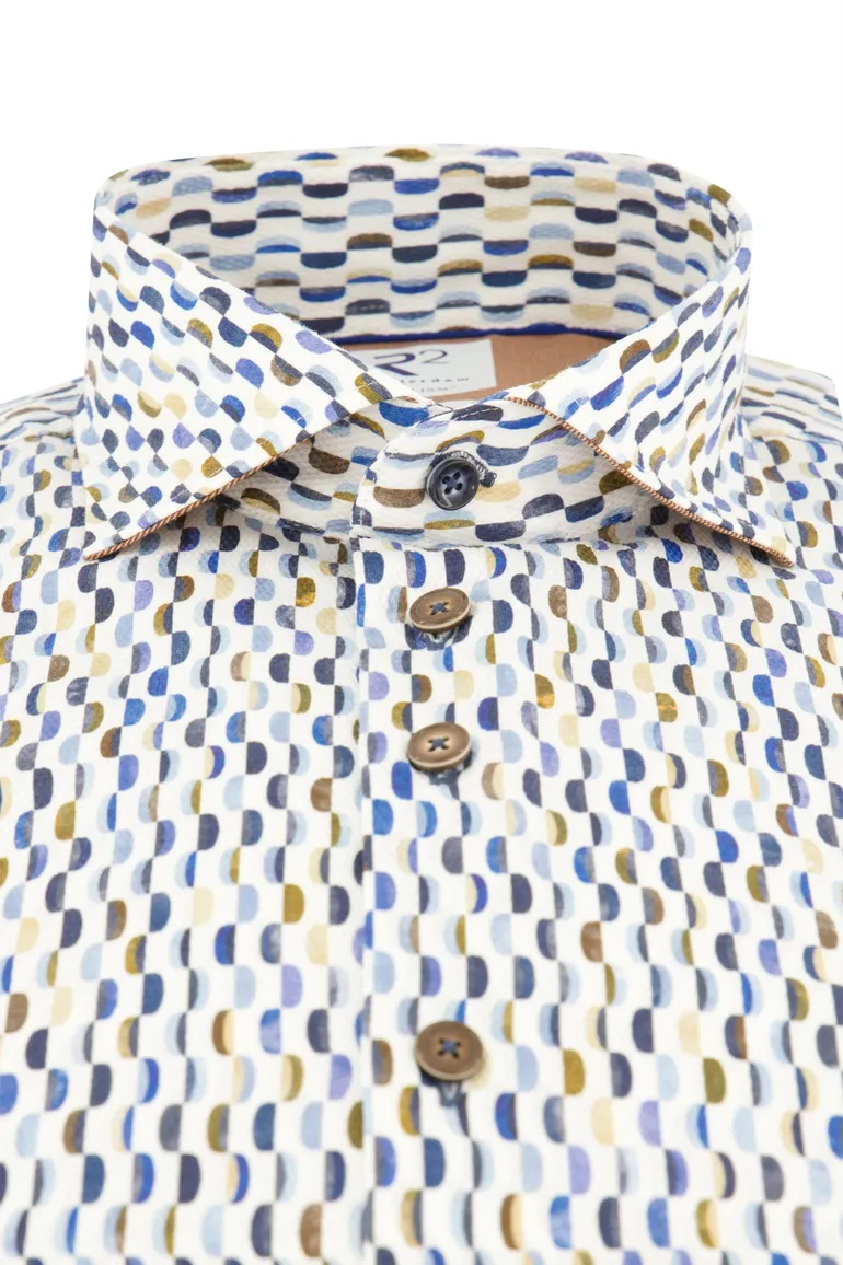 overhemd mouwlengte 7 R2 blauw geprint katoen slim fit