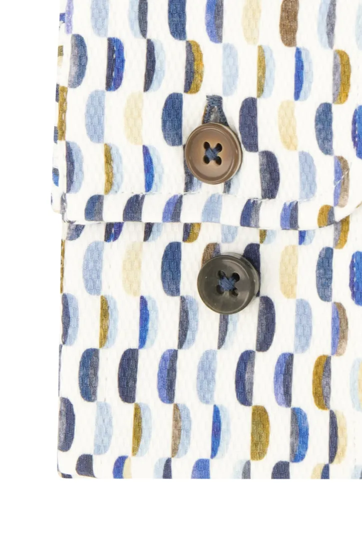 R2 casual overhemd mouwlengte 7 blauw geprint katoen slim fit