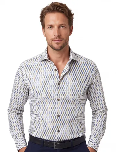 R2 R2 casual overhemd mouwlengte 7 blauw geprint katoen slim fit