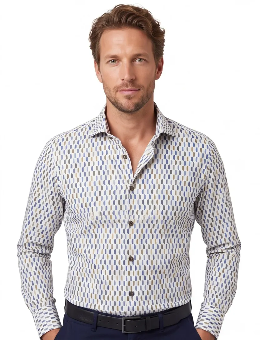 R2 casual overhemd mouwlengte 7 blauw geprint katoen slim fit