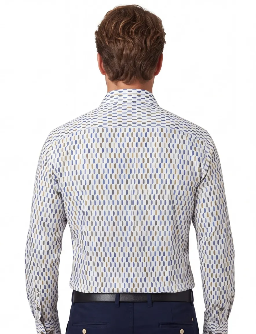 overhemd mouwlengte 7 R2 blauw geprint katoen slim fit
