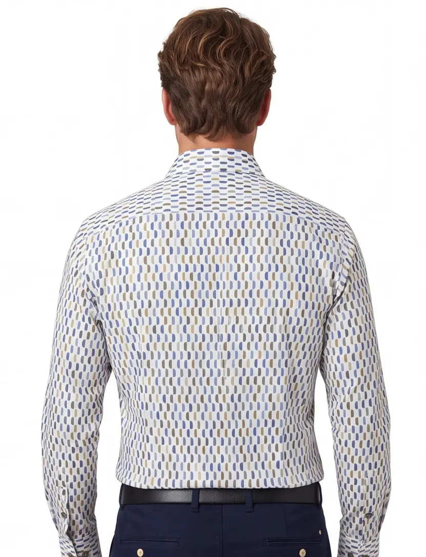 R2 casual overhemd mouwlengte 7 blauw geprint katoen slim fit