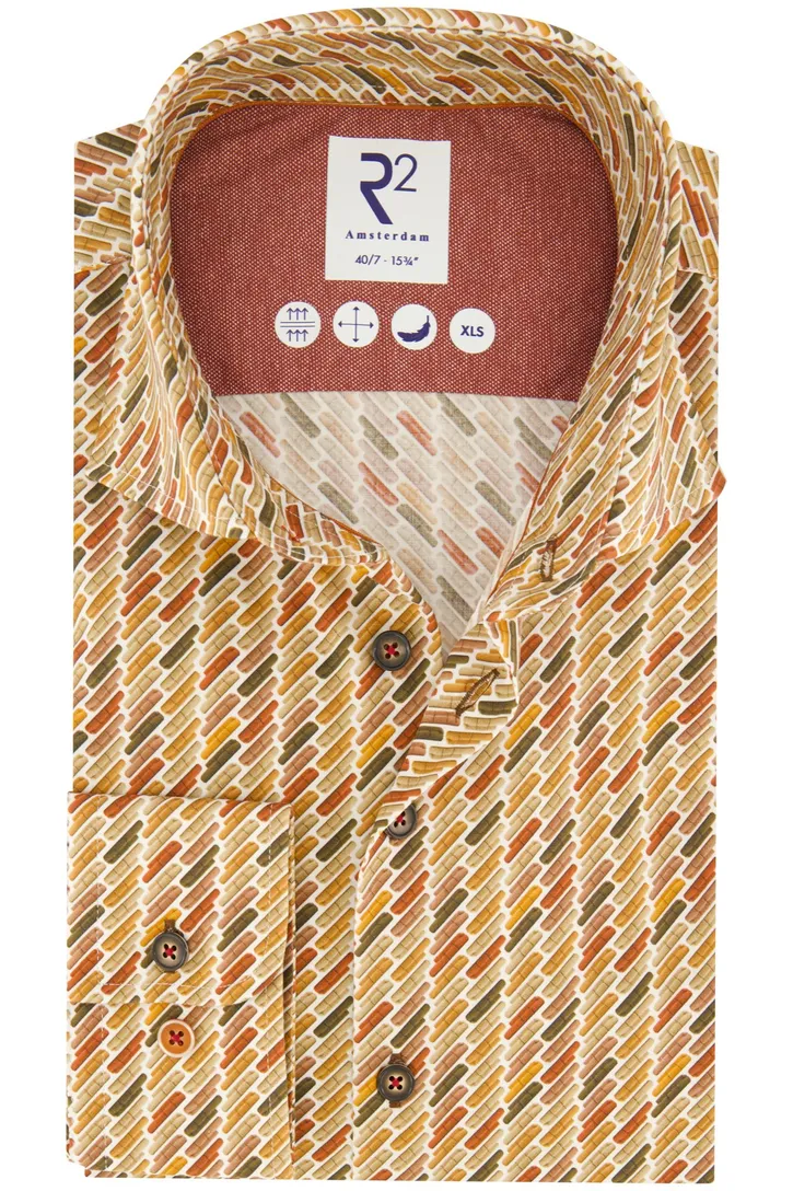 R2 overhemd mouwlengte 7 bruin geprint katoen slim fit cutaway boord