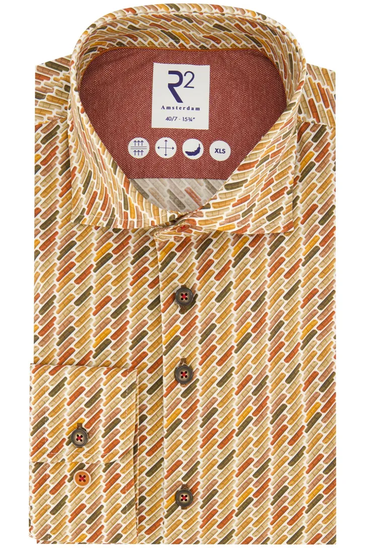 R2 overhemd mouwlengte 7 bruin geprint katoen slim fit cutaway boord