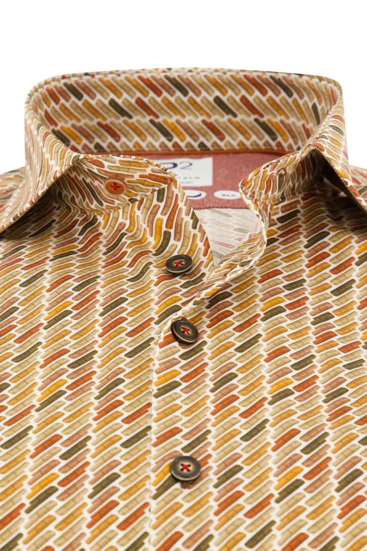 R2 overhemd mouwlengte 7 bruin geprint katoen slim fit cutaway boord