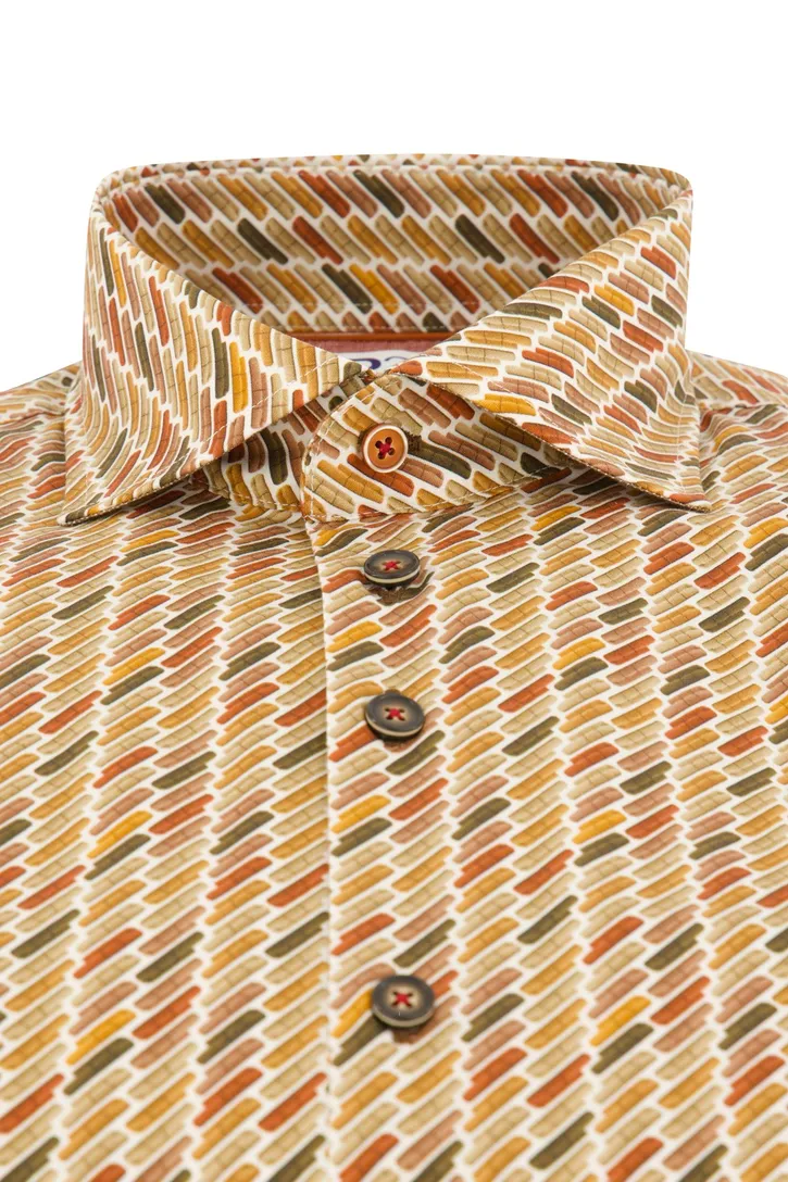 R2 overhemd mouwlengte 7 bruin geprint katoen slim fit cutaway boord