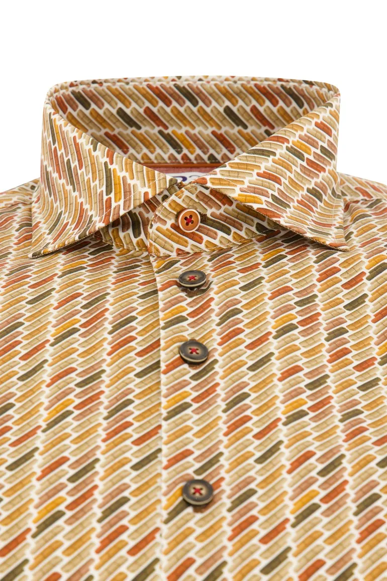 R2 zakelijk overhemd mouwlengte 7 slim fit bruin met print