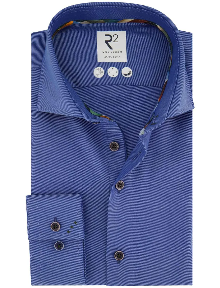 overhemd mouwlengte 7 R2 blauw effen katoen slim fit