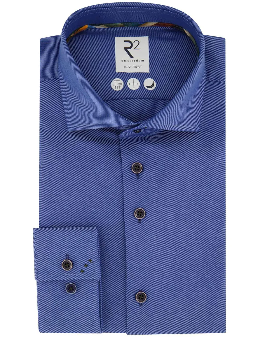R2 overhemd mouwlengte 7 slim fit blauw effen 100% katoen