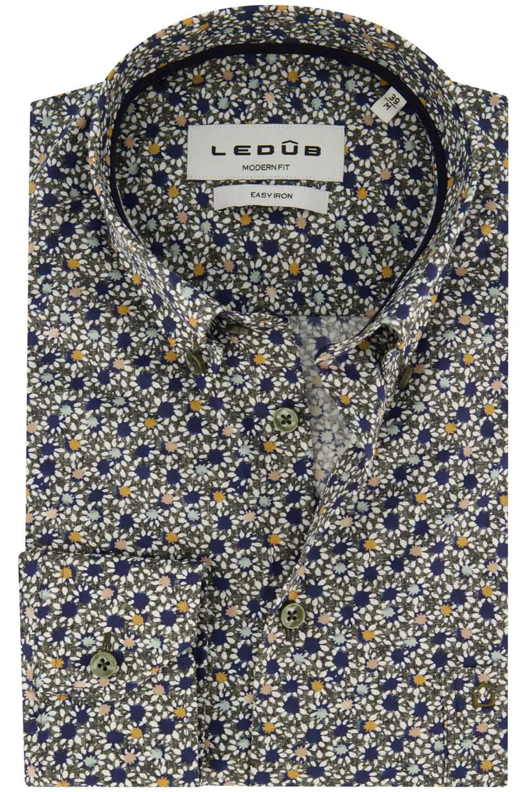 Ledub Modern Fit overhemd donkergroen geprint button-down
