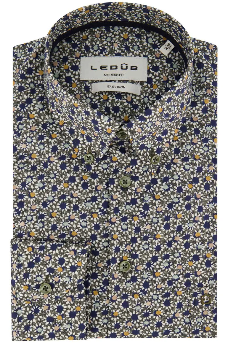 Ledub Modern Fit overhemd donkergroen geprint button-down