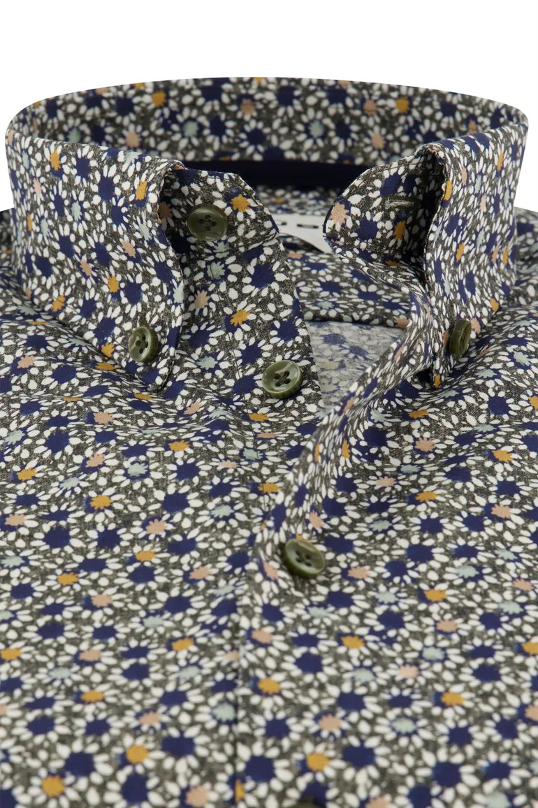 Ledub Modern Fit overhemd donkergroen geprint button-down
