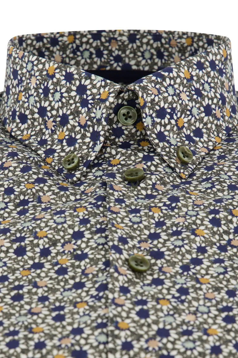 Ledub Modern Fit overhemd donkergroen geprint button-down