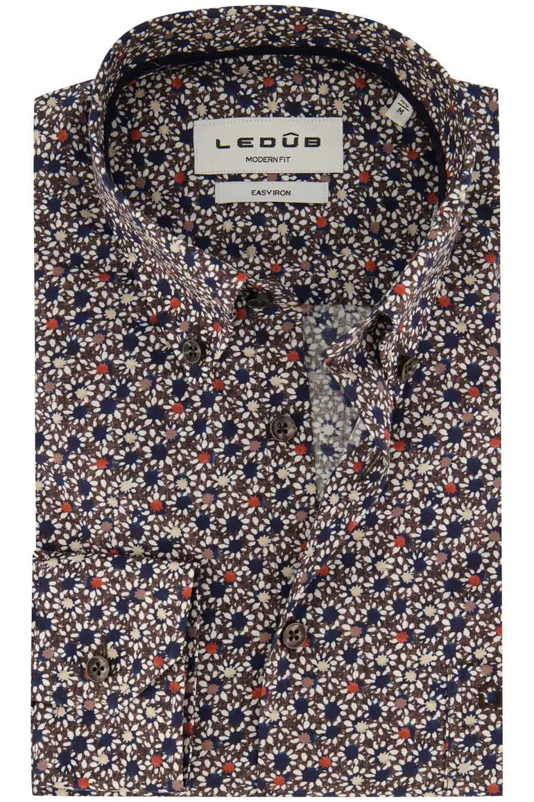 Ledub Modern Fit casual overhemd bruin geprint borstzak