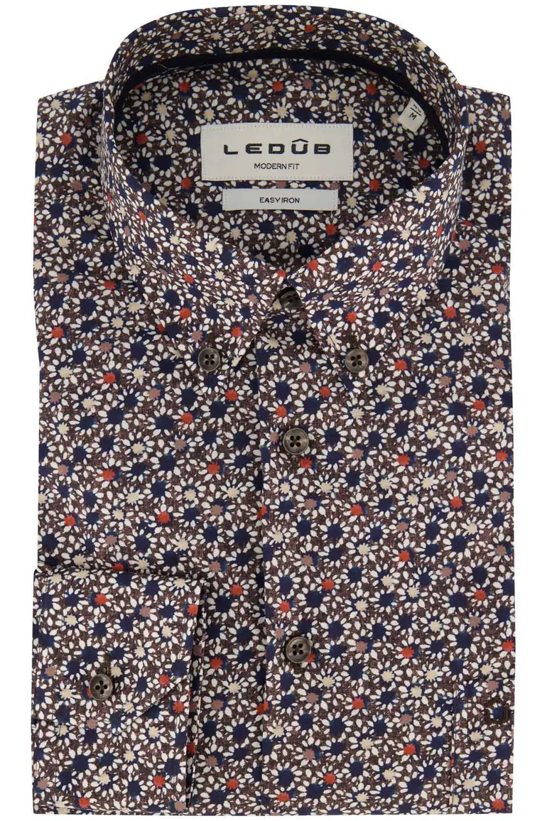 Ledub Modern Fit casual overhemd bruin geprint borstzak