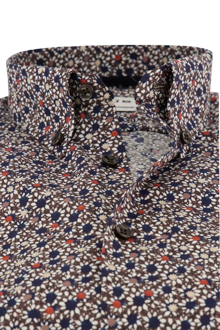 Ledub Modern Fit casual overhemd bruin geprint borstzak