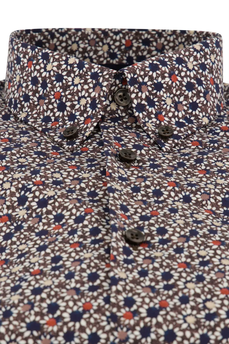 Ledub Modern Fit casual overhemd bruin geprint borstzak