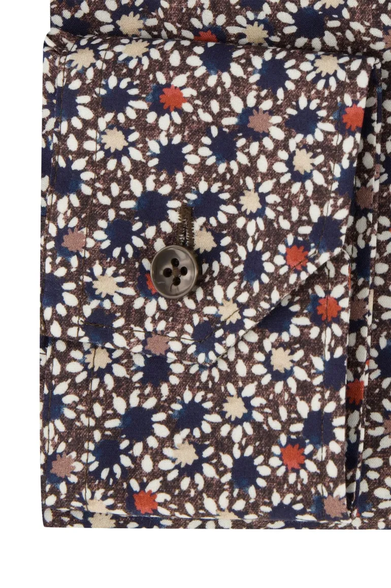 Ledub Modern Fit casual overhemd bruin geprint borstzak