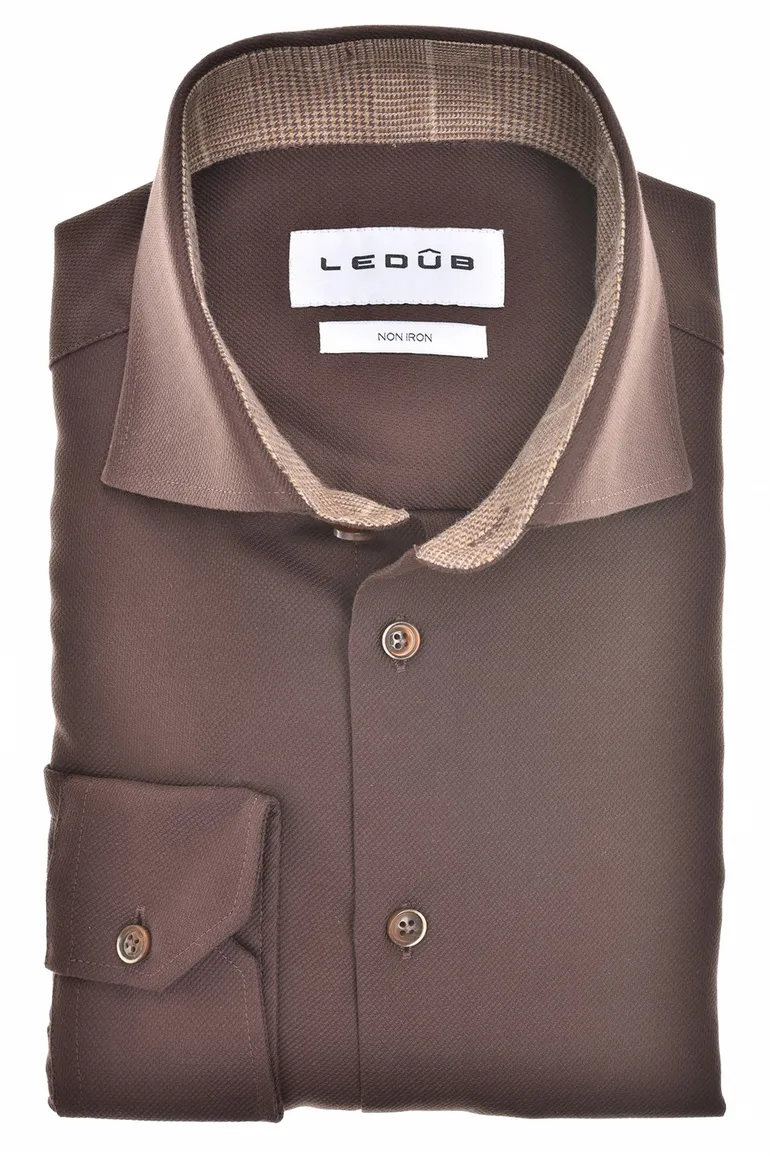 Ledub Modern Fit new overhemd bruin strijkvrij