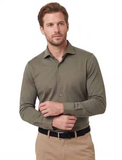 Ledub Ledub Modern Fit New overhemd mouwlengte 7 groen stretch