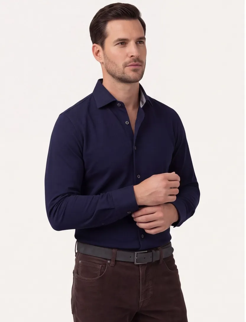 Overhemd mouwlengte 7 Modern Fit donkerblauw knitted