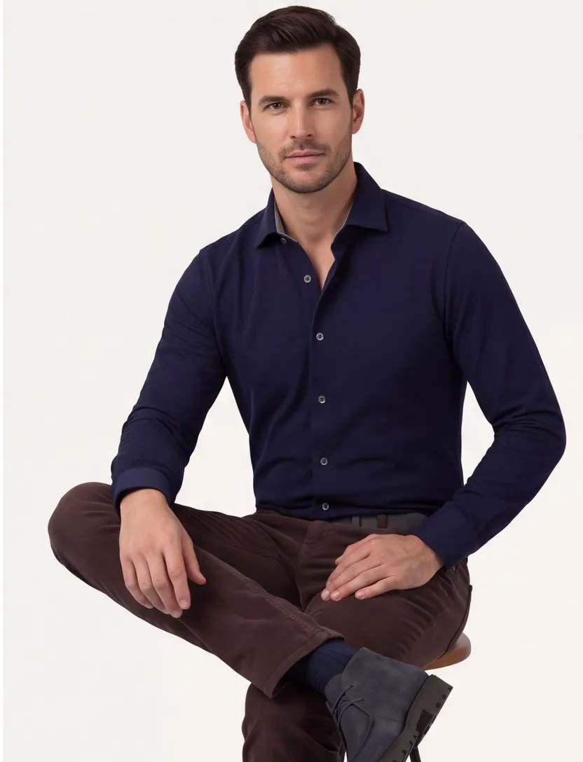Overhemd mouwlengte 7 Modern Fit donkerblauw knitted