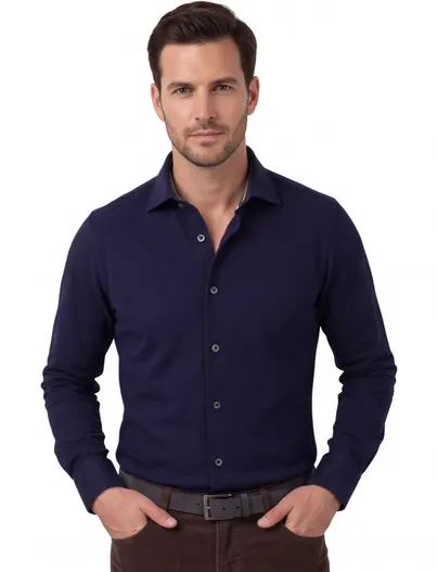Ledub Ledub mouwlengte 7 overhemd Modern Fit donkerblauw knitted