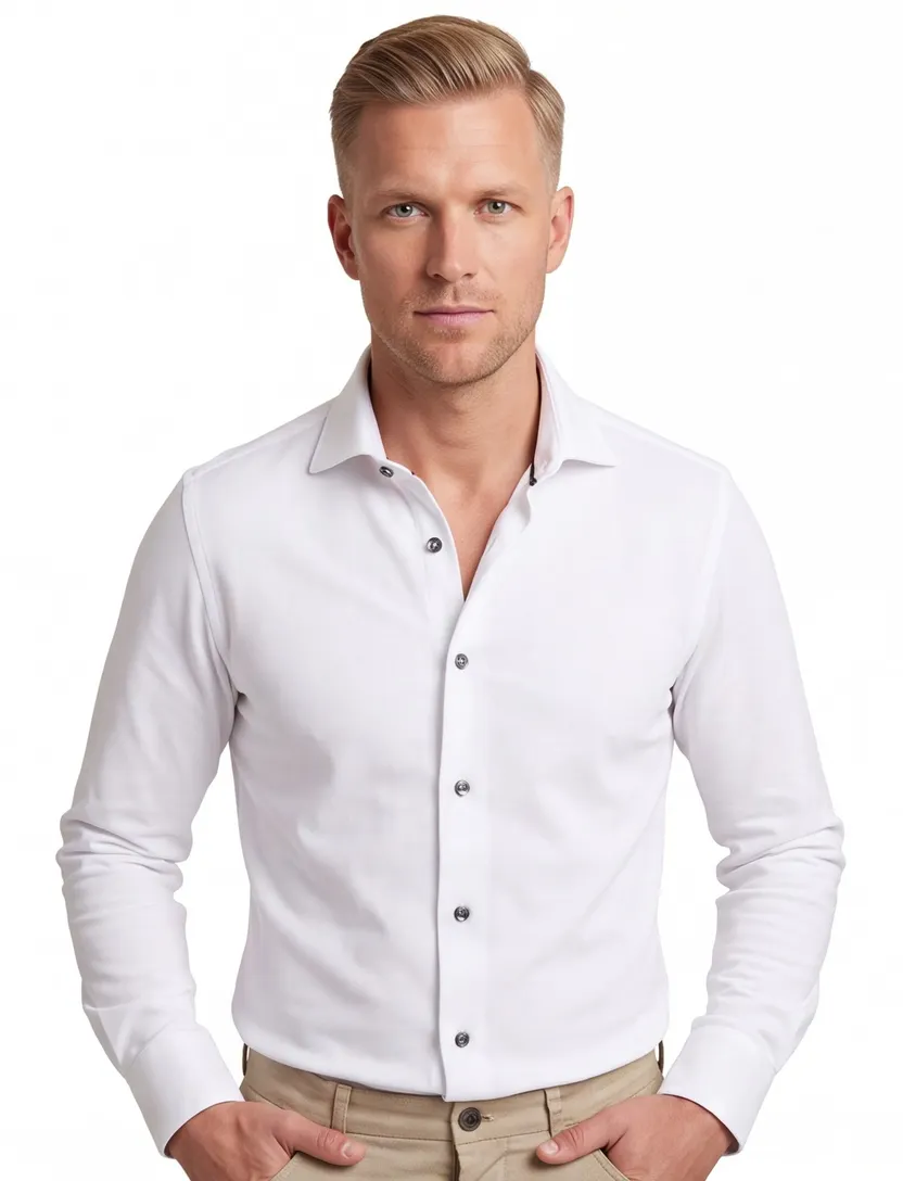 Ledub overhemd mouwlengte 7 wit effen katoen, stretch normale fit
