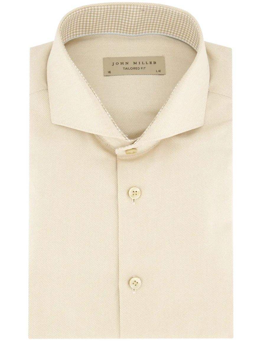 overhemd mouwlengte 7 John Miller Tailored Fit New beige geprint katoen normale fit