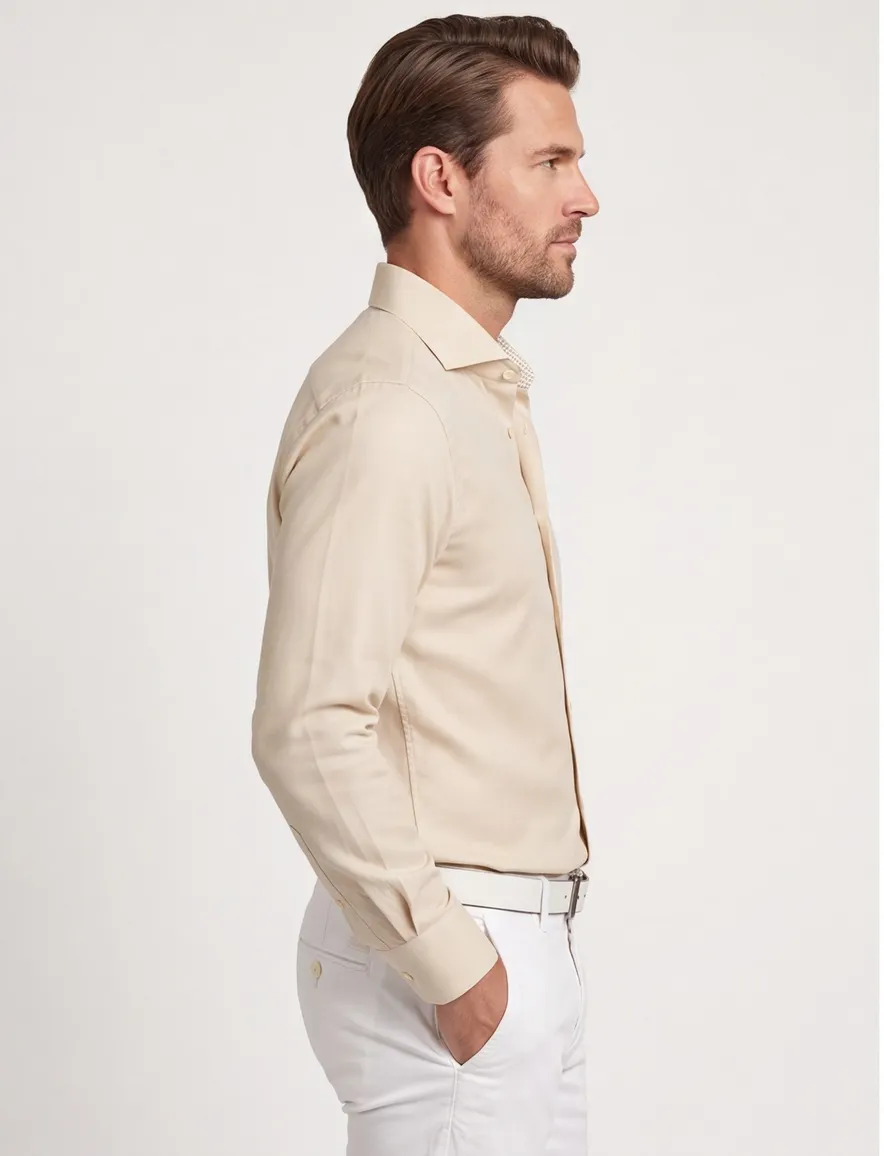 overhemd mouwlengte 7 John Miller Tailored Fit New beige geprint katoen normale fit