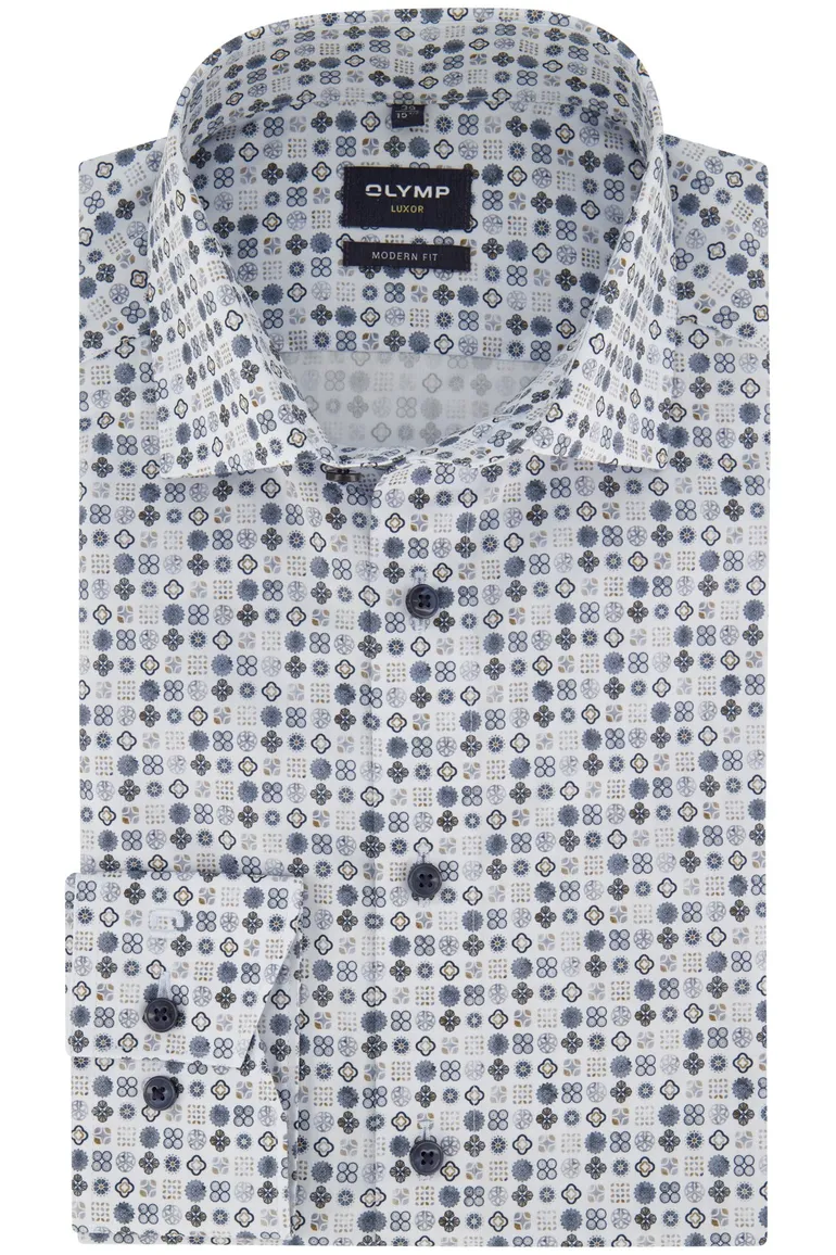 Olymp overhemd Luxor blauw geprint Modern Fit strijkvrij