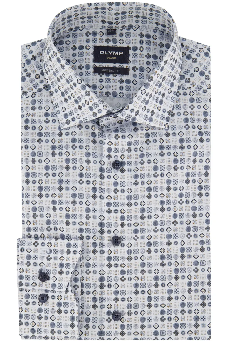 Olymp overhemd Luxor blauw geprint Modern Fit strijkvrij