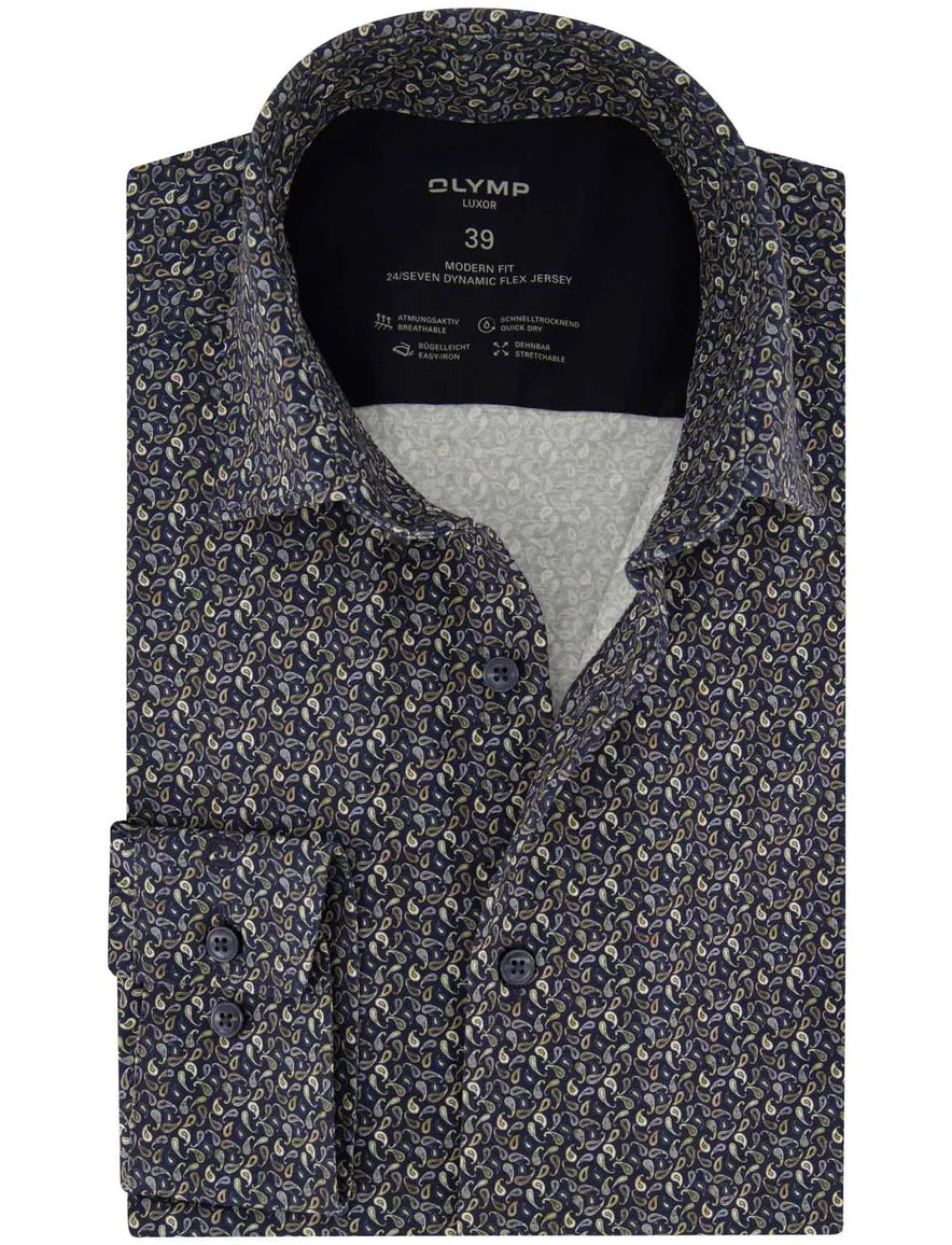 Olymp Modern Fit overhemd donkerblauw met print