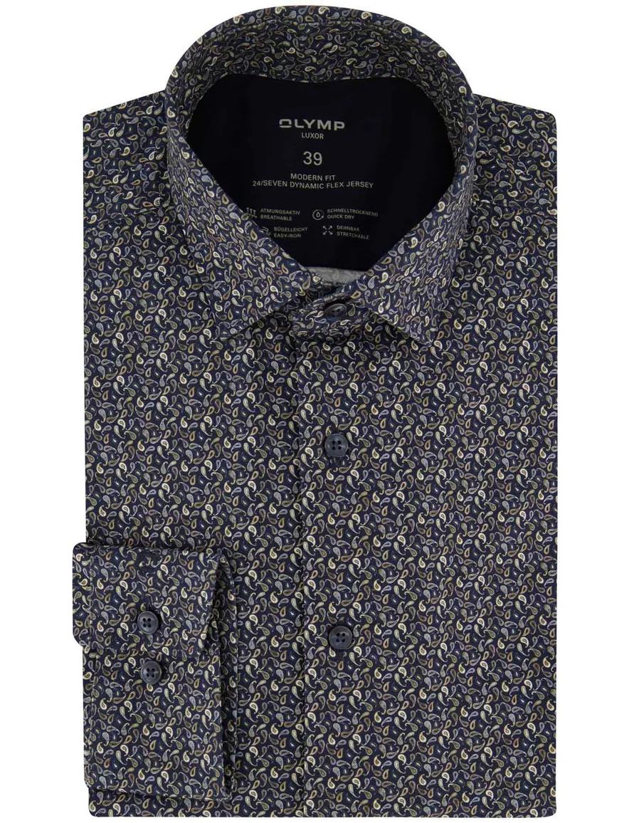Olymp Modern Fit overhemd donkerblauw met print