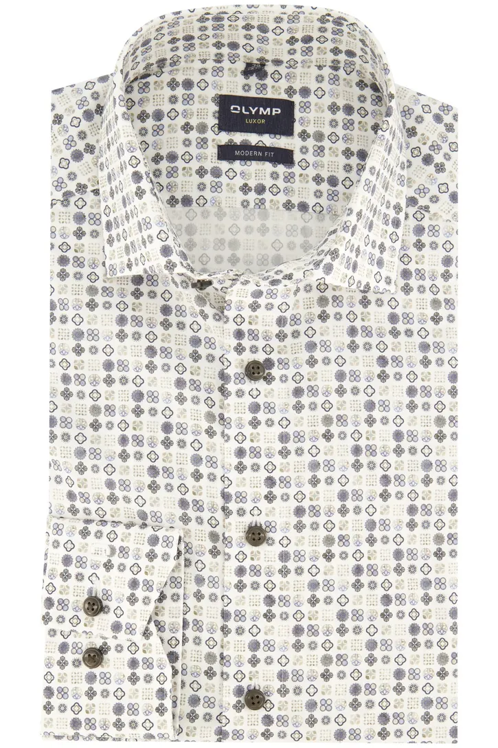 Olymp overhemd beige blauw geprint Luxor Modern Fit